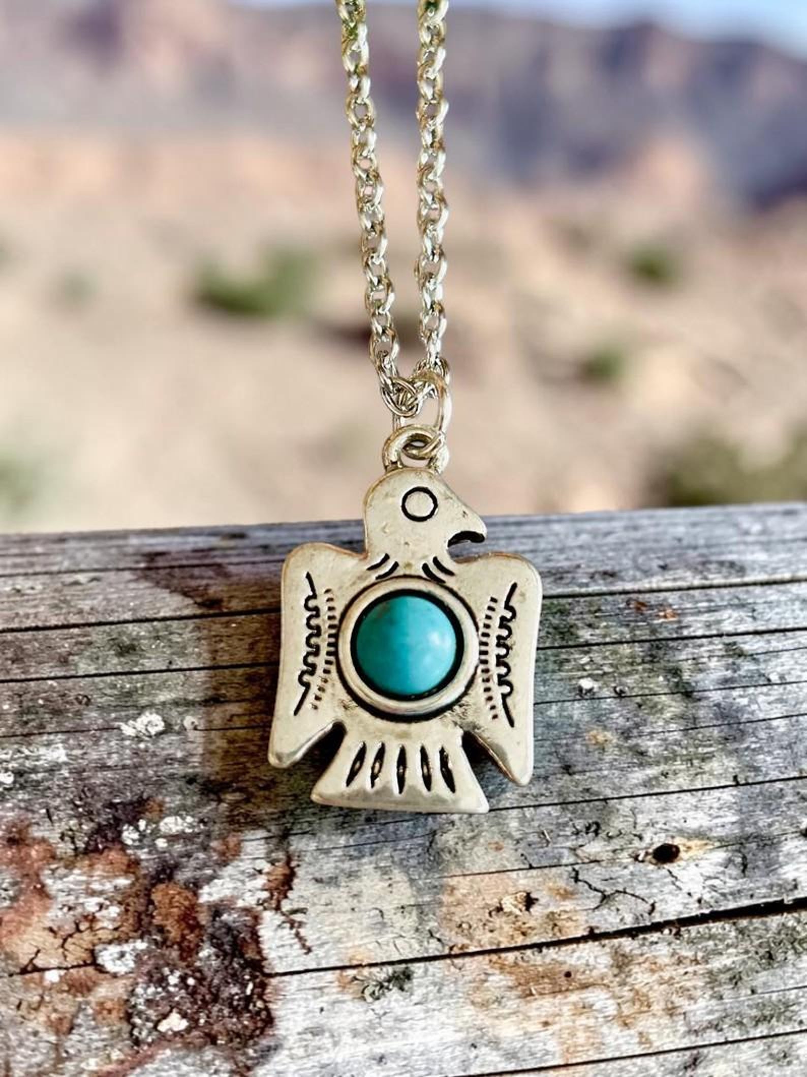 Turquoise Thunderbird Necklace, Adjustable Boho Pendant with Silver Chain