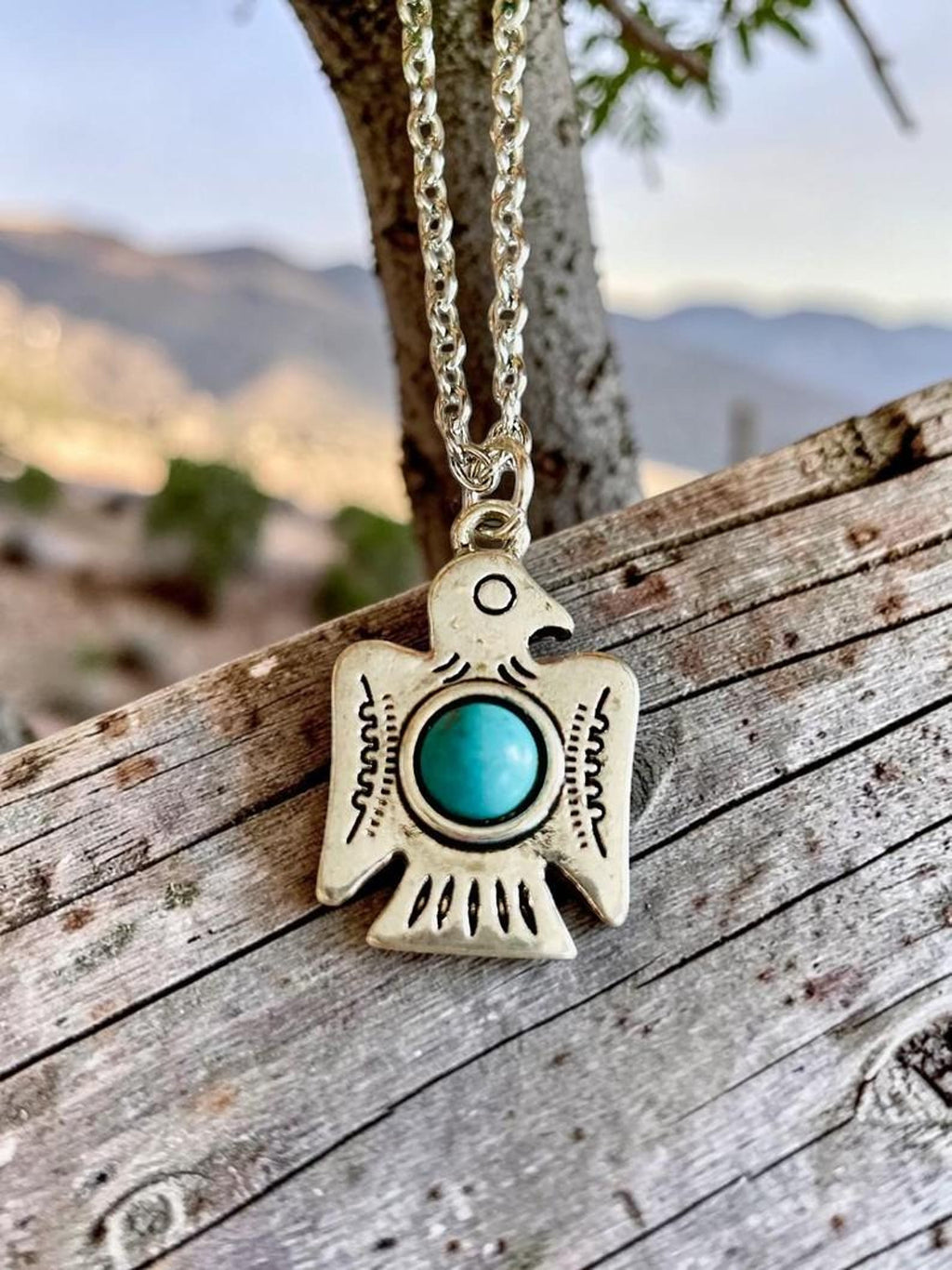 Turquoise Thunderbird Necklace, Adjustable Boho Pendant with Silver Chain