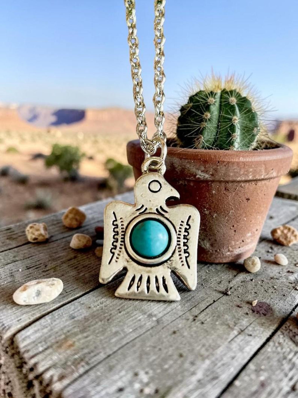 Turquoise Thunderbird Necklace, Adjustable Boho Pendant with Silver Chain