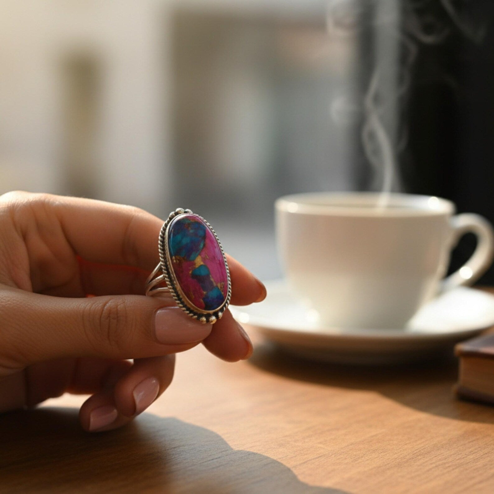 Cotton Candy Turquoise Ring, Sterling Silver Boho Statement Jewelry