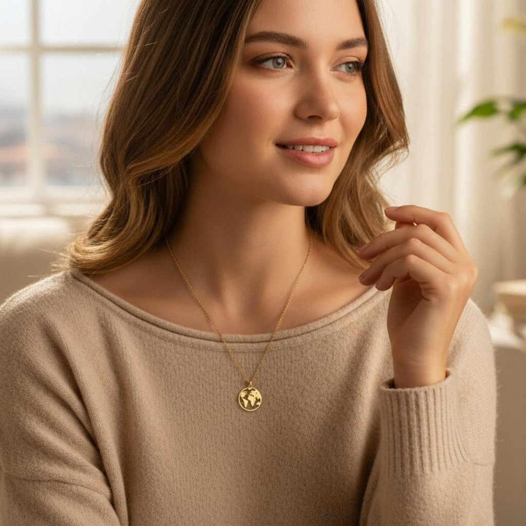 World Map Necklace in Gold, Silver or Rose – Minimalist Travel Jewelry