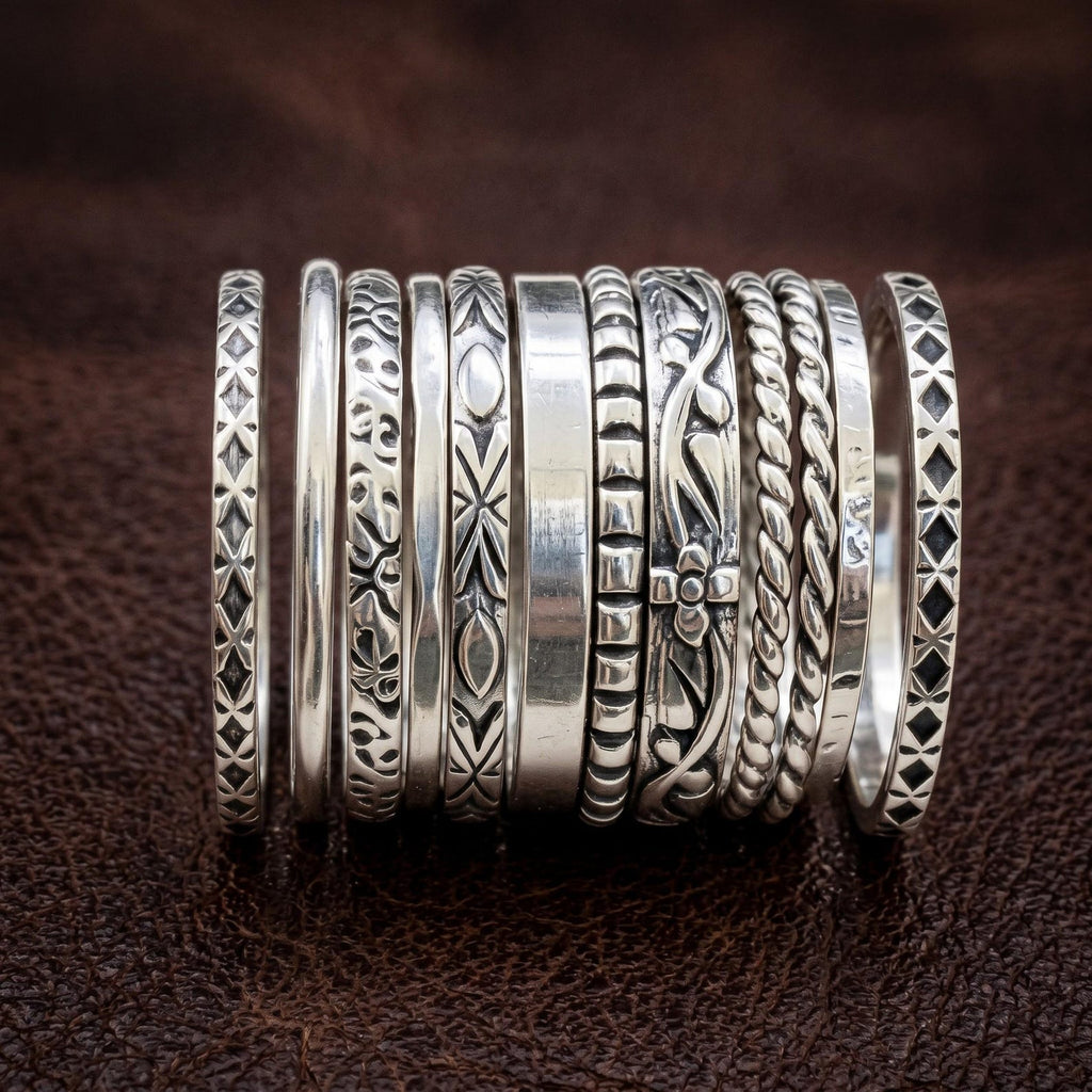 Boho Sterling Silver Stacking Ring Set, Handmade Dotted for Layering