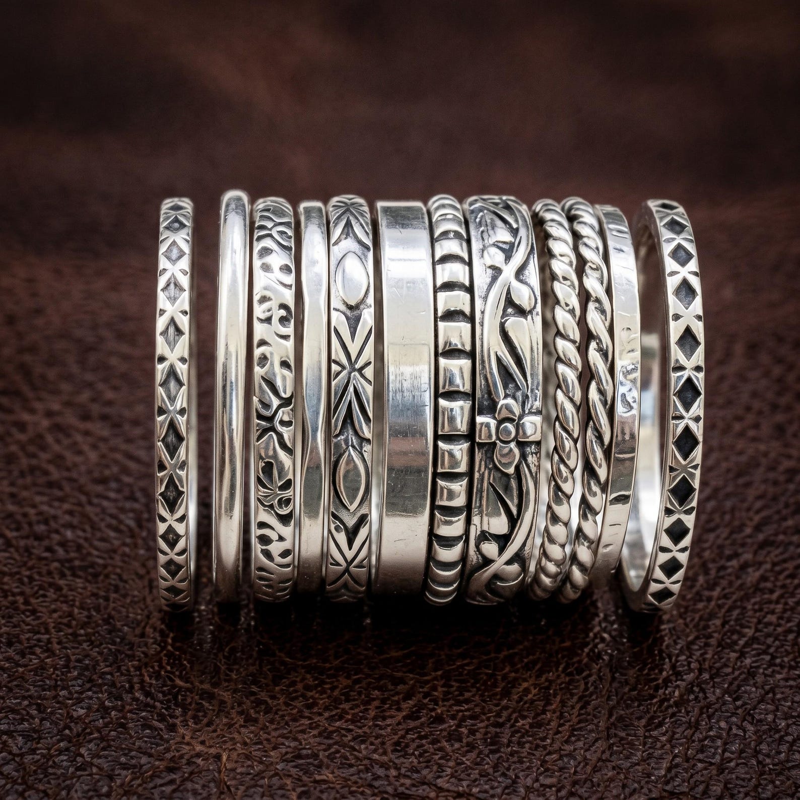 Boho Sterling Silver Stacking Ring Set, Handmade Dotted for Layering