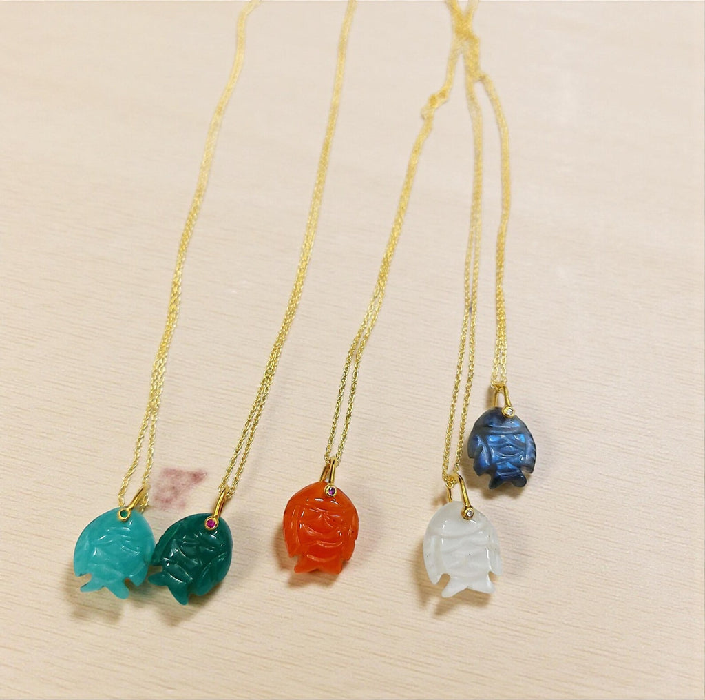 Fish Pendant Necklace, Carved Gemstone with 18K Gold Plated Chain