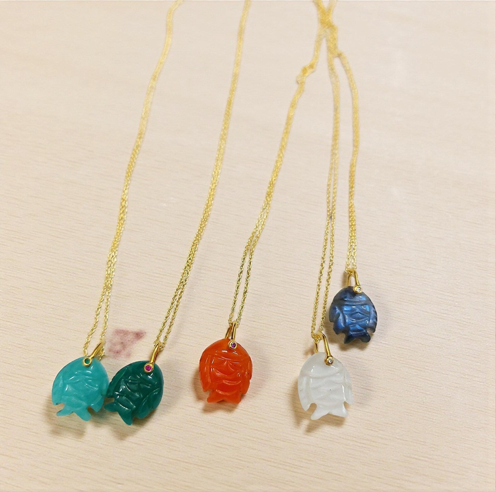 Fish Pendant Necklace, Carved Gemstone with 18K Gold Plated Chain