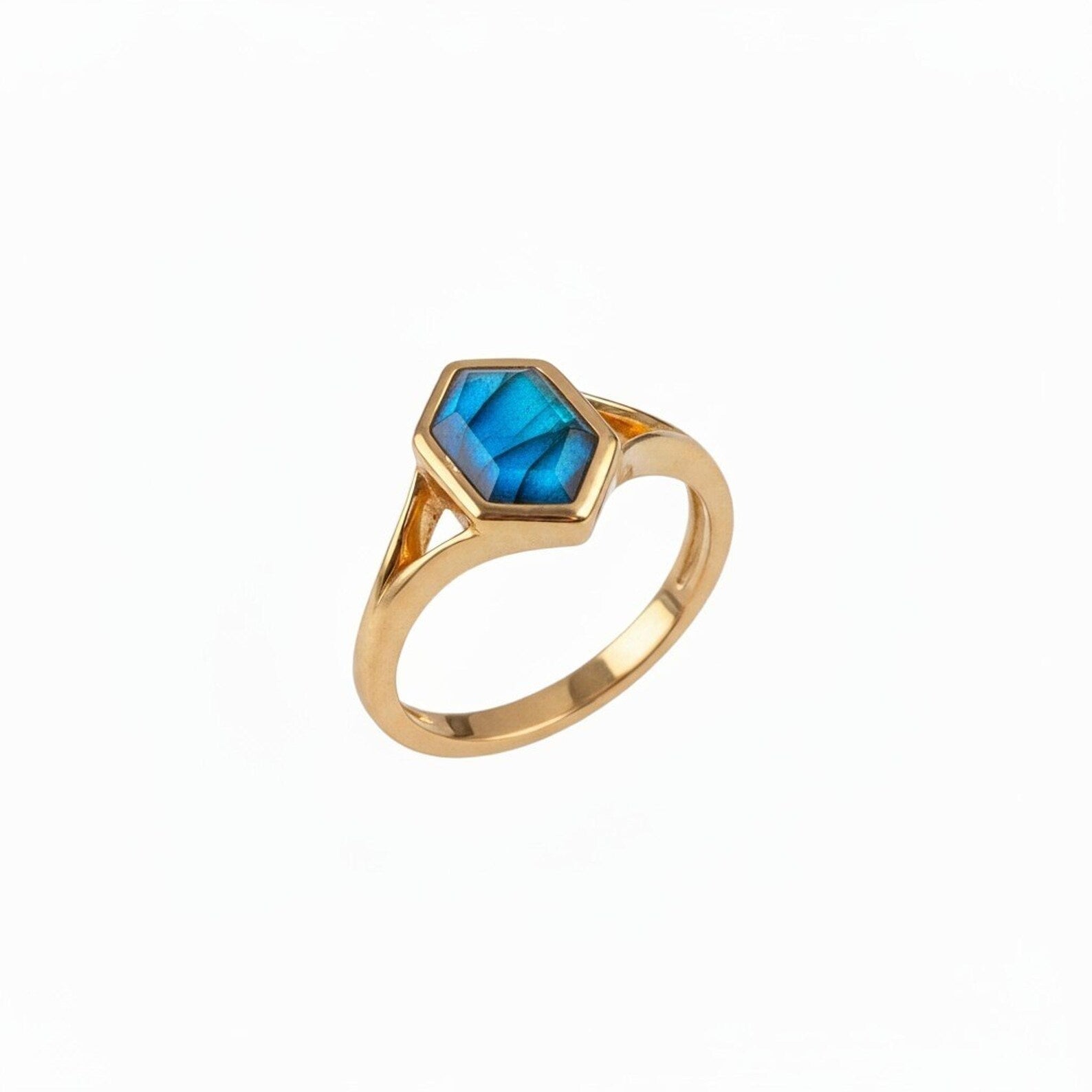 Hexagon Ring with Vibrant Gemstone, Gold Plated Sterling Silver in Minimalist Design
