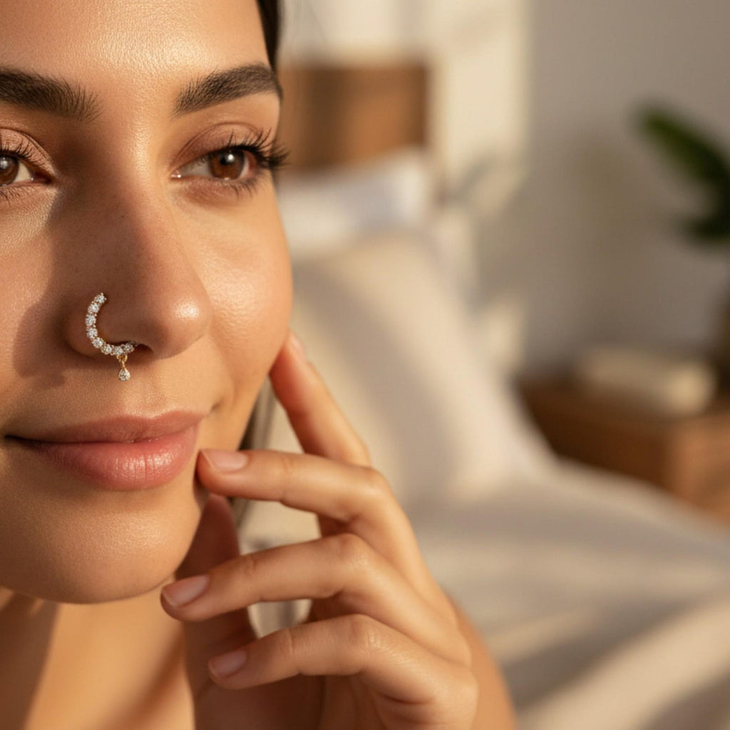 Gold Nose Ring with CZ Stones, Dainty Boho Hoop Jewelry