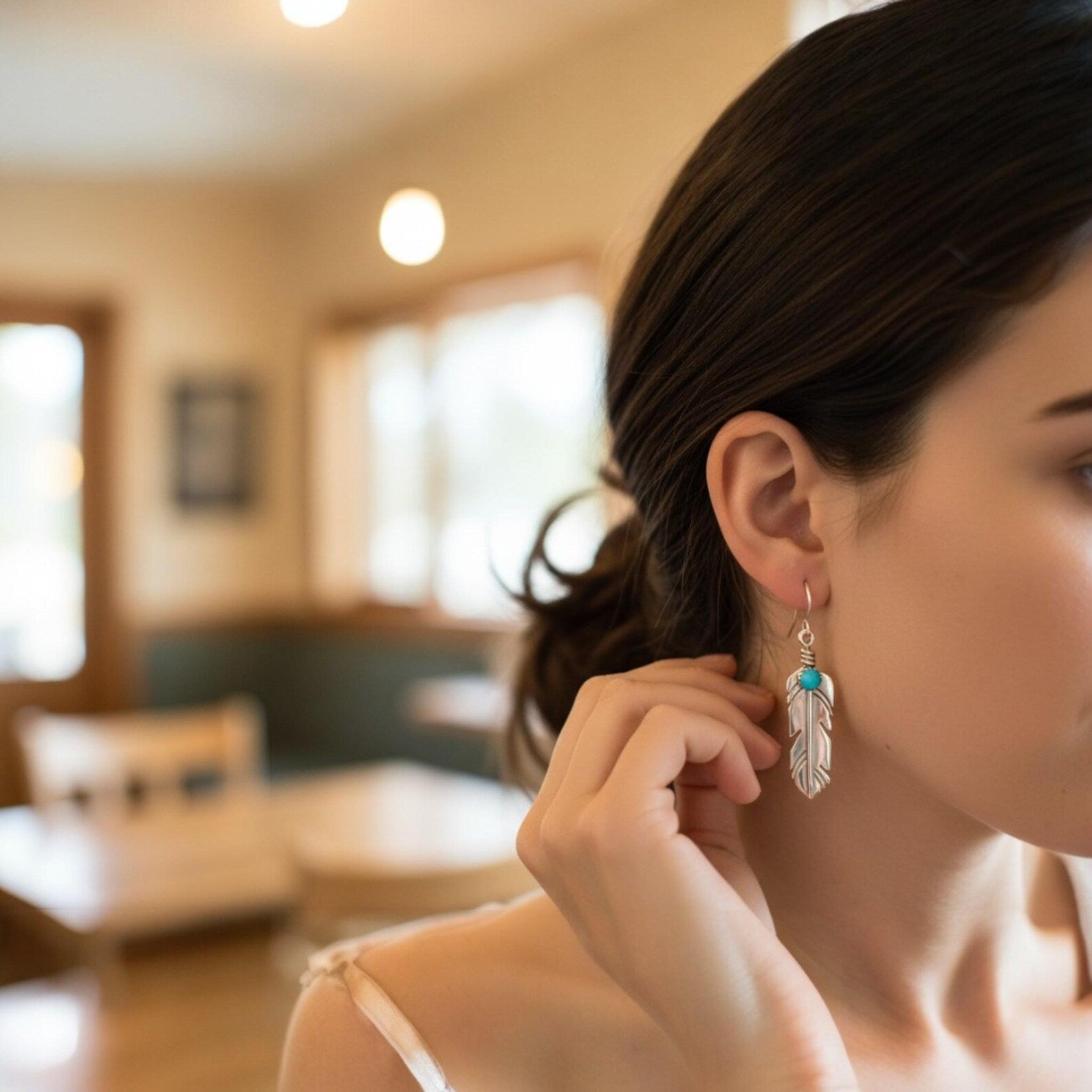 Turquoise Feather Earrings, Sterling Silver Dangles in Southwestern Style