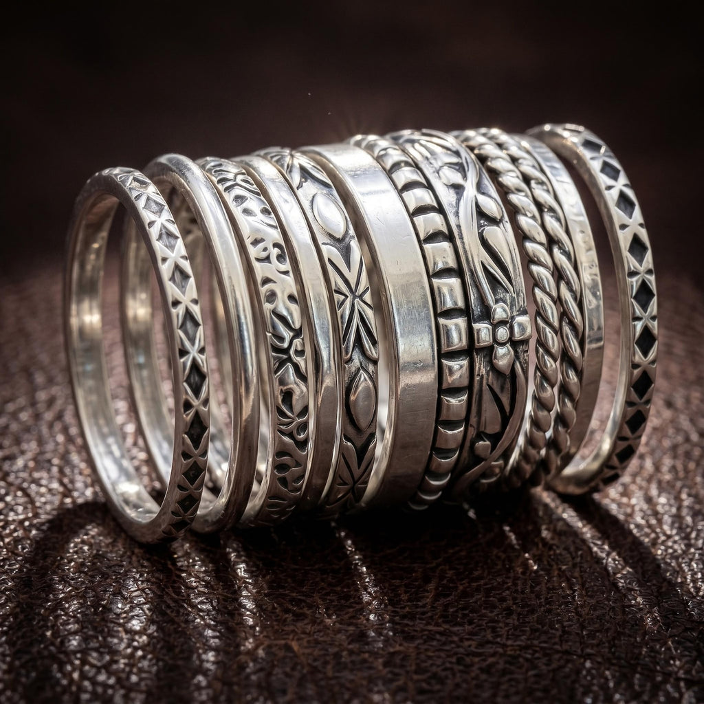 Boho Sterling Silver Stacking Ring Set, Handmade Dotted for Layering
