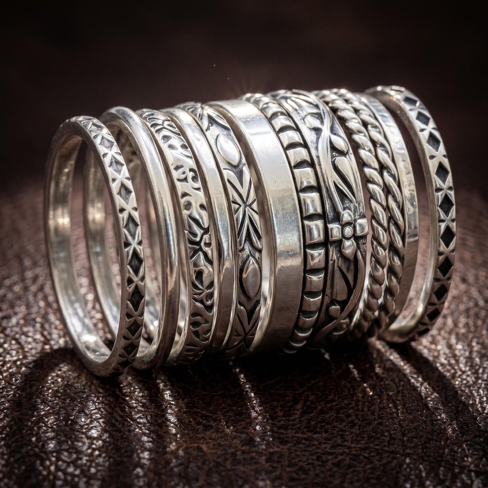 Boho Sterling Silver Stacking Ring Set, Handmade Dotted for Layering