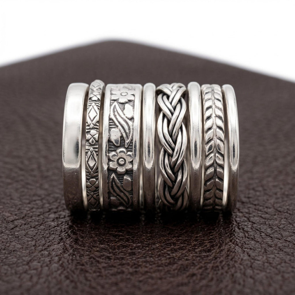 Boho Sterling Silver Stacking Ring Set, Handmade Dotted for Layering