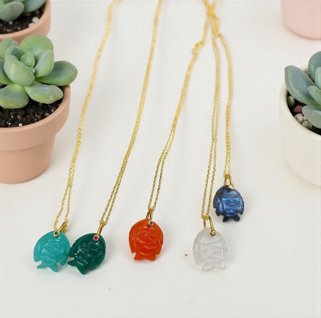 Fish Pendant Necklace, Carved Gemstone with 18K Gold Plated Chain