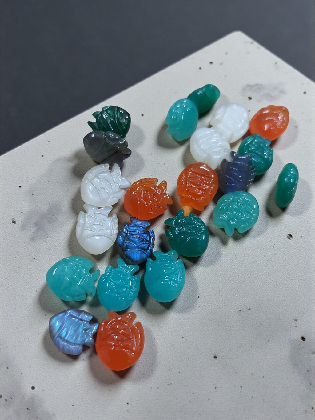 Fish Pendant Necklace, Carved Gemstone with 18K Gold Plated Chain